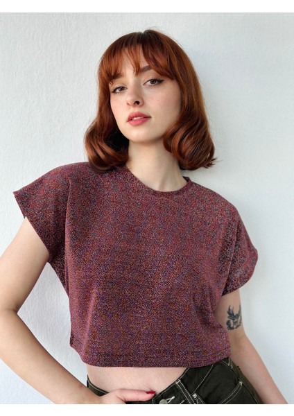 Parlak Simli Bluz Crop Üst Kadın Çok Renkli