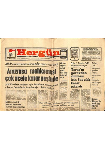 Hergün Gazetesi 21 Haziran 1976 - Anayasa Mahkemesi Çok Acele Karar Peşinde GZ66320 fiyatları