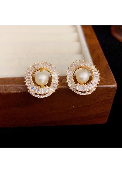 Vintage Hafif Lüks Geometrik Zirkon Tatlı Su Incisi Küpe (Yurt Dışından)