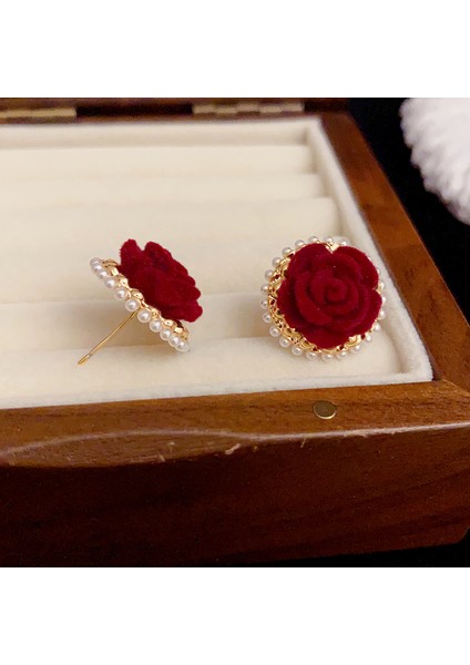 Fransız Vintage Floklu Kırmızı Gül Küpeler, Romantik ve Nazik (Yurt Dışından) fiyatları