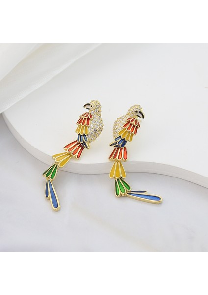 Renkli Papağan Kuş Küpeleri, Zirkonya Moda Küpeler (Yurt Dışından)