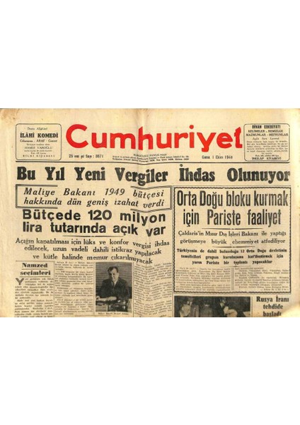 Cumhuriyet Gazetesi 1 Ekim 1948 - Ortadoğu Bloku Kurmak Için Pariste Faaliyet GZ71489 fiyatları