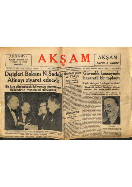 Akşam Gazetesi 23 Mart 1948 - Necmettin Sadak Atinayı Ziyaret Edecek GZ71462