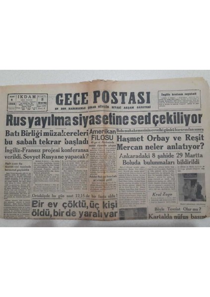Gece Postası Gazetesi 6 Mart 1948 - Rusya Yayılma Siyasetine Set Çekiyor GZ71596