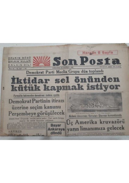 Son Posta Gazetesi 30 Haziran 1948 - Üç Amerika Kruvazörü Limanımıza Geliyor GZ71672