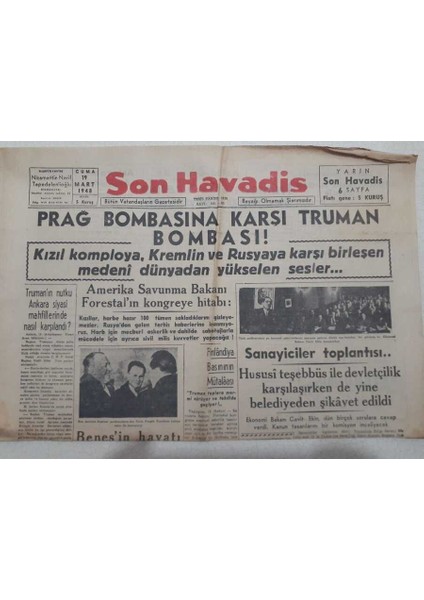 Son Havadis Gazetesi 19 Mart 1948 - Prag Bombasına Karşı Truman Bombası GZ71792