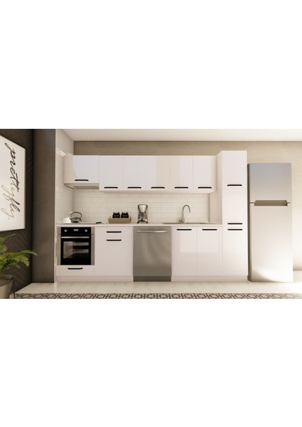 300 cm Akasya Hazır Mutfak Dolabı Aspiratör, Ankastre ve Kiler Modüllü Parlak Beyaz