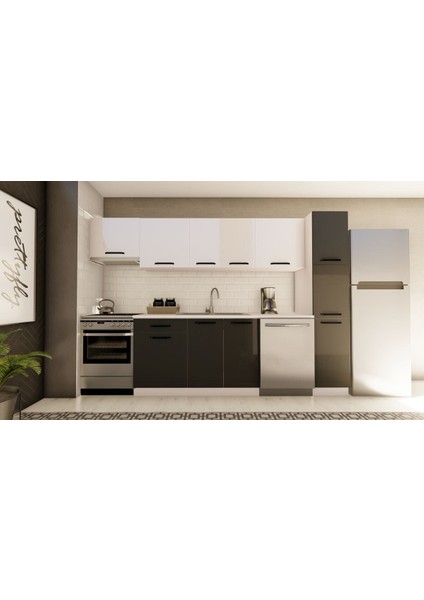 300 cm Ferah Hazır Mutfak Dolabı Aspiratör ve Kiler Modüllü Parlak Beyaz ve Antrasit Tezgah Dahil