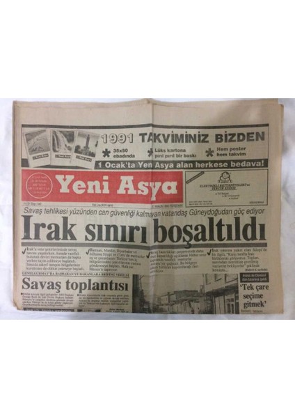 Yeni Asya Gazetesi 27 Aralık 1990 - Savaş Tehlikesi Yüzünden Can Güvenliği Olmayan Vatandaş Güneydoğudan Göç Ediyor GZ72991 fiyatları