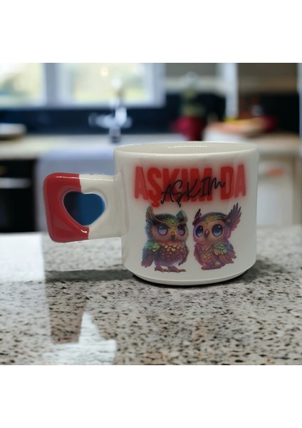 İki Seramik Kişiselleştirilebilir Neon Aşkım Da Aşkım Havalı Baykuşlar Baskılı Kalp Kupa Bardak / Mug - Çay & Kahve Fincanı