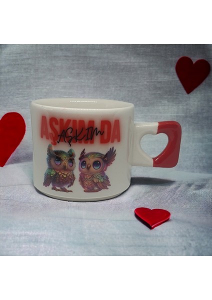 İki Seramik Kişiselleştirilebilir Neon Aşkım Da Aşkım Havalı Baykuşlar Baskılı Kalp Kupa Bardak / Mug - Çay & Kahve Fincanı