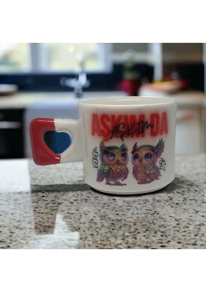 İki Seramik Kişiselleştirilebilir Neon Aşkım Da Aşkım Havalı Baykuşlar Baskılı Kalp Kupa Bardak / Mug - Çay & Kahve Fincanı