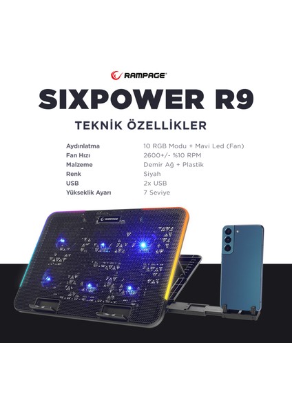 Sıxpower R9 6 Fan Rgb Işıklı Telefon Tutuculu Notebook Soğutucu