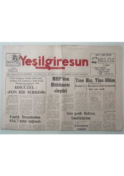 Yeşil Giresun Gazetesi 23 Temmuz 1998 Mhpden Hükümete Eleştiri -GZ33383