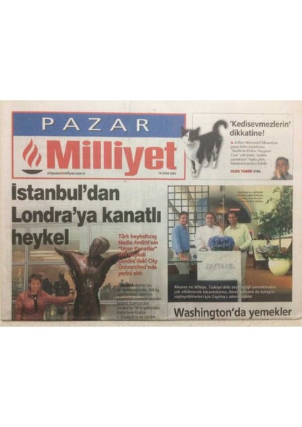 Milliyet Gazetesi Pazar Eki 19 Ekim 2003 - Istanbuldan Londraya Kanatlı Heykel GZ32657