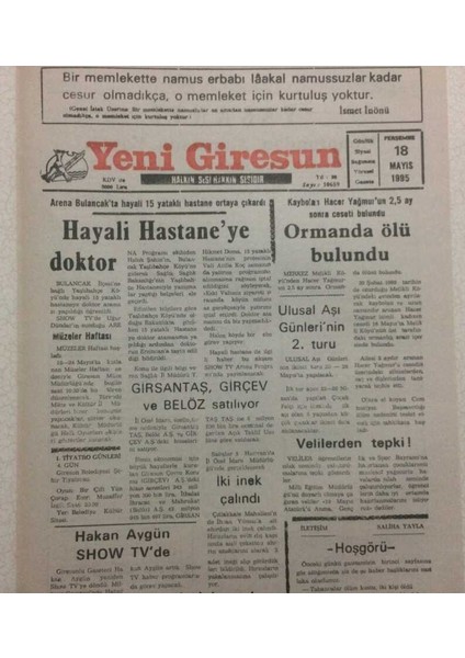 Yeni Giresun Gazetesi 18 Mayıs 1995 - Hayali Hastaneye Doktor GZ34660