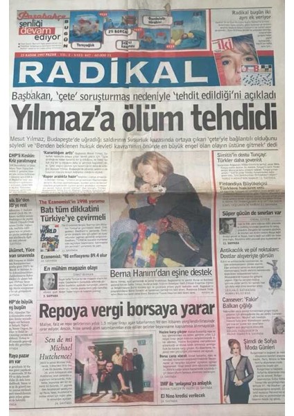 Radikal Gazetesi 23 Kasım 1997-MESUT Yılmaza Ölüm Tehdidi GZ45455