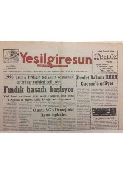 Yeşil Giresun Gazetesi 24 Temmuz 1998 - Fındık Hasadı Başlıyor GZ34453