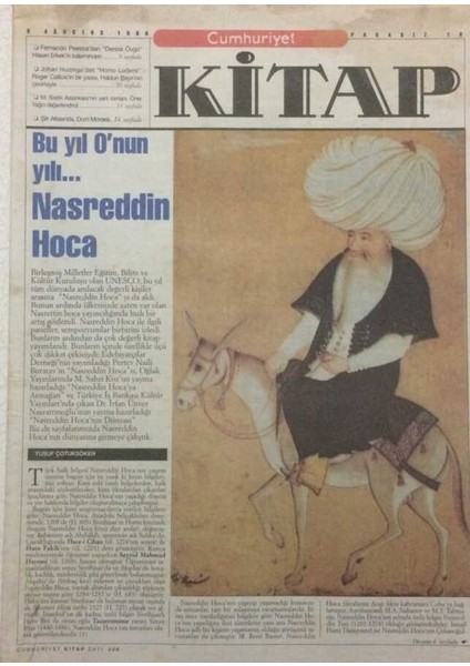 Cumhuriyet Gazetesi Kitap Eki 8 Ağustos 1996 - Bu Yıl Onun Yılı Nasreddin Hoca GZ51280