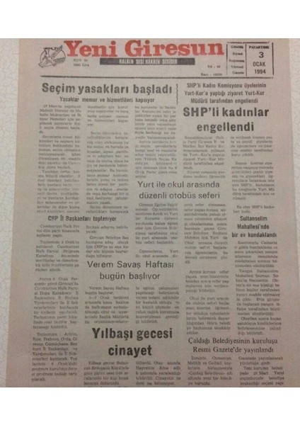 Yeni Giresun Gazetesi 3 Ocak 1994 - Seçim Yasakları Başladı GZ38210