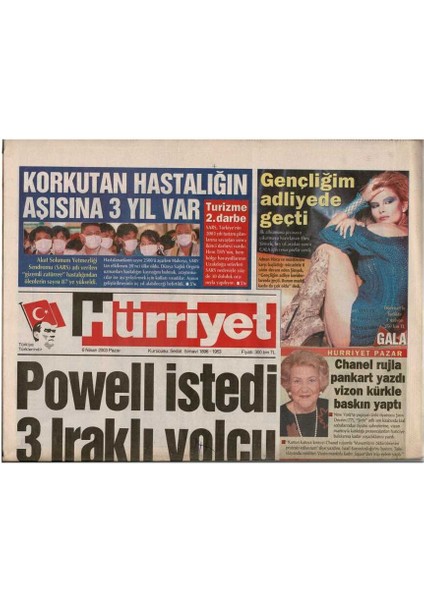 Hürriyet Gazetesi 6 Nisan 2003 - Powell Istedi 3 Iraklı Yolcu - O Şimdi Asker Filmi 3.5 Trilyonu Aştı GZ48006