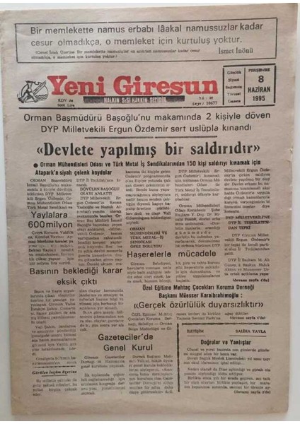 Yeni Giresun Gazetesi 8 Haziran 1995 - Devlete Yapılmış Bir Saldırıdır GZ31052