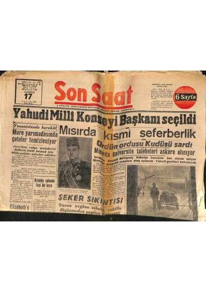 Son Saat Gazetesi 17 Mayıs 1948 - Yahudi Milli Konseyi Başkanı Seçildi GZ71388