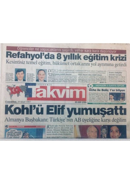 Takvim Gazetesi - 29 Mart 1997 - Refahyolda 8 Yıllık Eğitim Krizi GZ46803