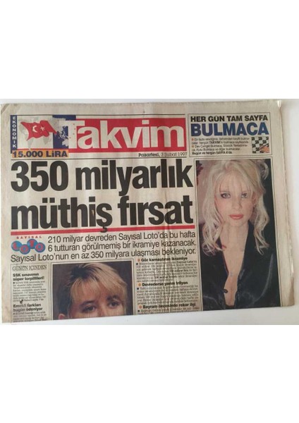Takvim Gazetesi - 4 Şubat 1997 - Sayısal Latonun En Az 350 Milyara Ulaşması Bekleniyor - GZ47011