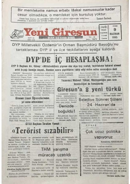 Yeni Giresun Gazetesi 9 Haziran 1995 Dyp De Iç Hesaplaşma GZ30230