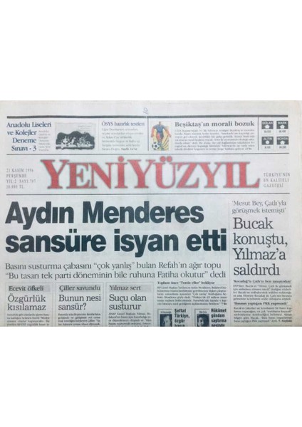 Yeni Yüzyıl Gazetesi 21 Kasım 1996 - Aydın Menderes Sansüre Isyan Etti GZ42949