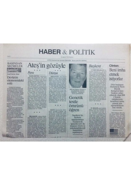 Ateş Gazetesi Haber Politik Eki 26 Ağustos 1996 - Genetik Testle Ömrünü Öğren GZ42127