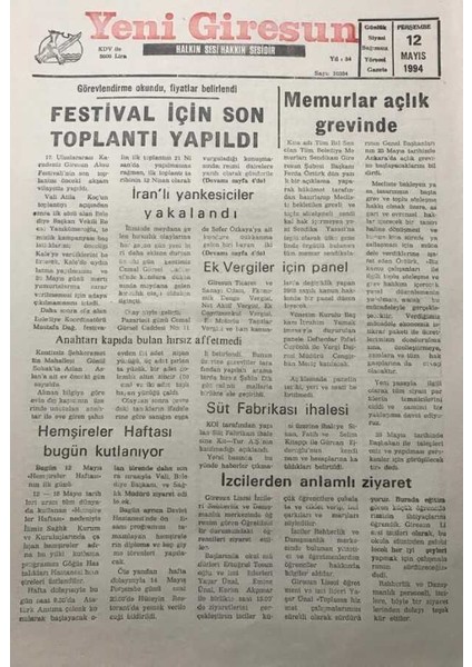 Yeni Giresun Gazetesi 12 Mayıs 1994 Iç Borç 1993 Sonunda 356.5 Trilyon Liraya Ulaştı GZ30166