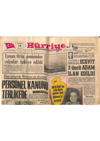Hürriyet Gazetesi 14 Ekim 1968 - Necla Çarpan , Atatürkün Ruhu Ile Temas Kurduğu Için 3 Yıl Hapis Yemişti GZ72010