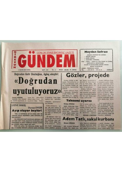 Giresun Gündem Gazetesi 2 Mayıs 2003 Doğrudan Gelir Desteğine Ilginç Eleştiri Doğrudan Uyutuluyoruz -GZ33331