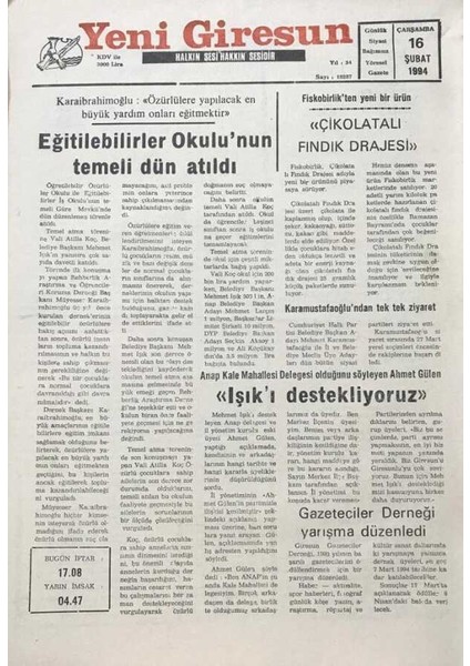 Yeni Giresun Gazetesi 16 Şubat 1994 Fiskobirlikten Yeni Ürün Çikolatalı Fındık Drajesi GZ30220