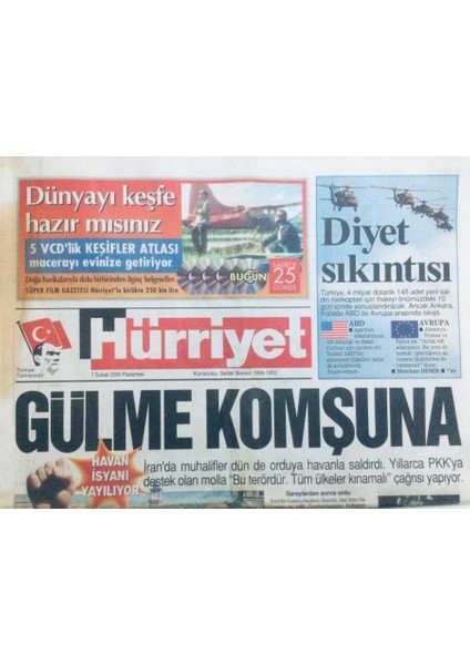 Hürriyet Gazetesi 7 Şubat 2000 - Iranda Muhalifler Orduya Havanla Saldırdı GZ43316 fiyatları