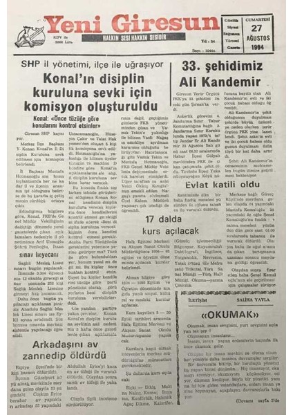 Yeni Giresun Gazetesi 27 Ağustos 1994DEVLET Bakanı Baki Ataç 1995I Su Yılı Ilan Edelim GZ30003