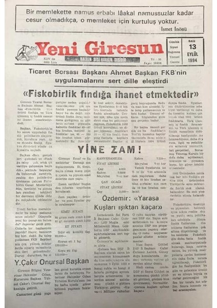 Yeni Giresun Gazetesi 13 Eylül 199415 Ekime Kadar Ormanlara Giriş-Çıkış Yasaklandı GZ30033