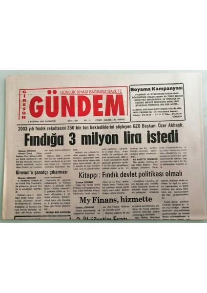 Giresun Gündem Gazetesi 9 Haziran 2003 Dyp Il Basın ve Propaganda Başkanı Fatih Mehmet Kitapçı Fındık Devlet Politikası Olmalı -GZ33330