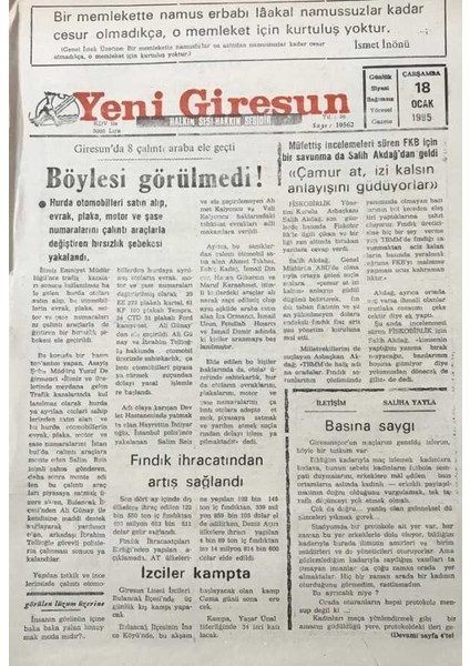 Yeni Giresun Gazetesi 18 Ocak 1995 Giresunda 8 Çalıntı Araba Ele Geçti GZ30361