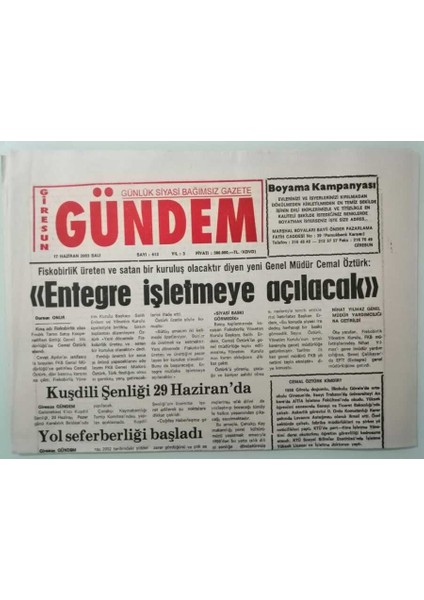Giresun Gündem Gazetesi 17 Haziran 2003 Yol Seferberliği Başladı -GZ33328