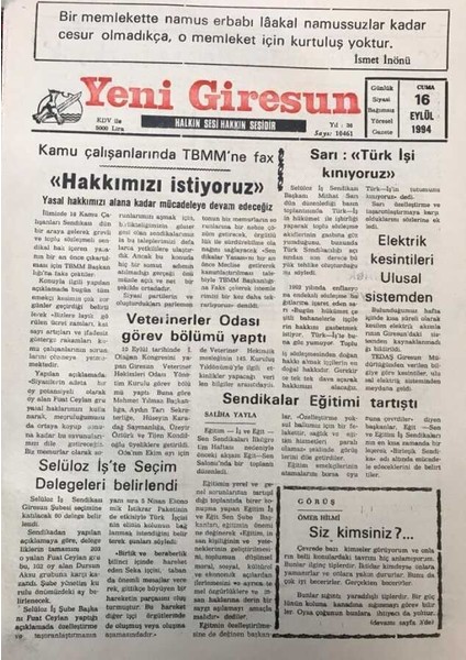 Yeni Giresun Gazetesi 16 Eylül 1994SÜLEYMAN Demirel Gelecekten Endişe Etmeye Gerek Yok GZ30029