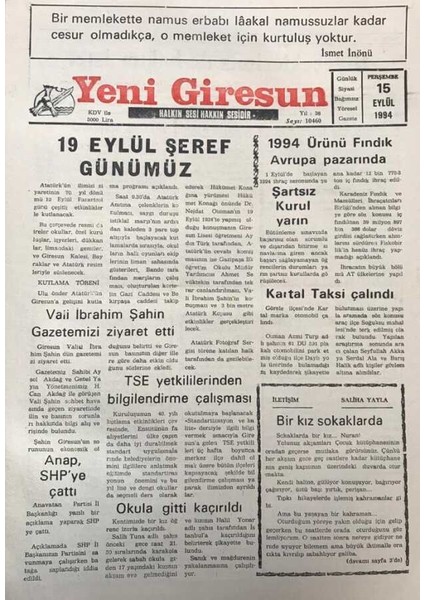 Yeni Giresun Gazetesi 15 Eylül 19941994 Ürünü Fındık Avrupa Pazarında GZ30035