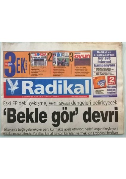 Radikal Gazetesi 24 Haziran 2001 Abdden Terör Seferberliği -GZ44725
