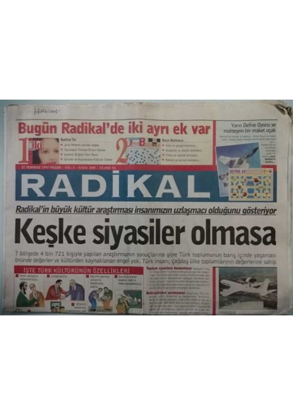 Radikal Gazetesi 27 Temmuz 1997 Demirelden Rpye Örtülü Eleştiri - GZ44726 fiyatları