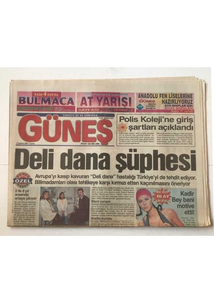 Güneş Gazetesi 2 Şubat 2001 - Deli Dana Şüphesi GZ3293