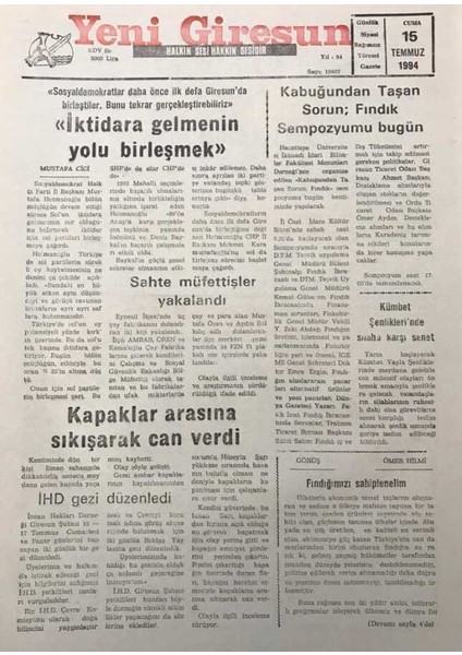 Yeni Giresun Gazetesi 15 Temmuz 1994KÜMBET Şenliklerinde Silaha Karşı Senet GZ30054