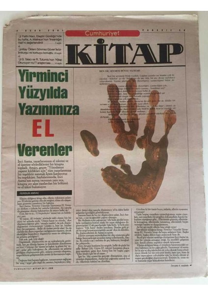 Cumhuriyet Gazetesi Kitap Eki 4 Ocak 2001 - Yirminci Yüzyılda Yazınımıza El Verenler GZ31258