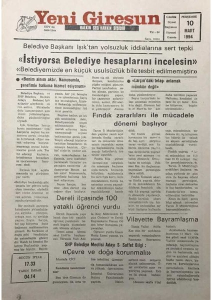 Yeni Giresun Gazetesi 10 Mart 1994FINDIK Zararları Ile Mücadele Dönemi Başlıyor GZ30101